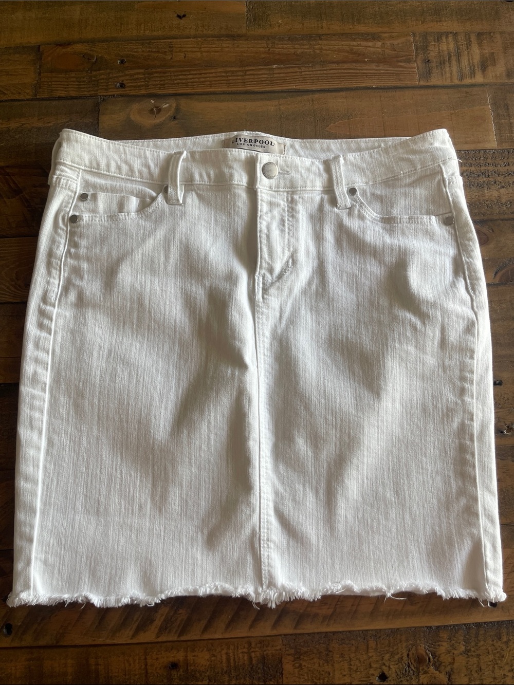 Liverpool White Denim Mini Skirt with Frayed Hem
